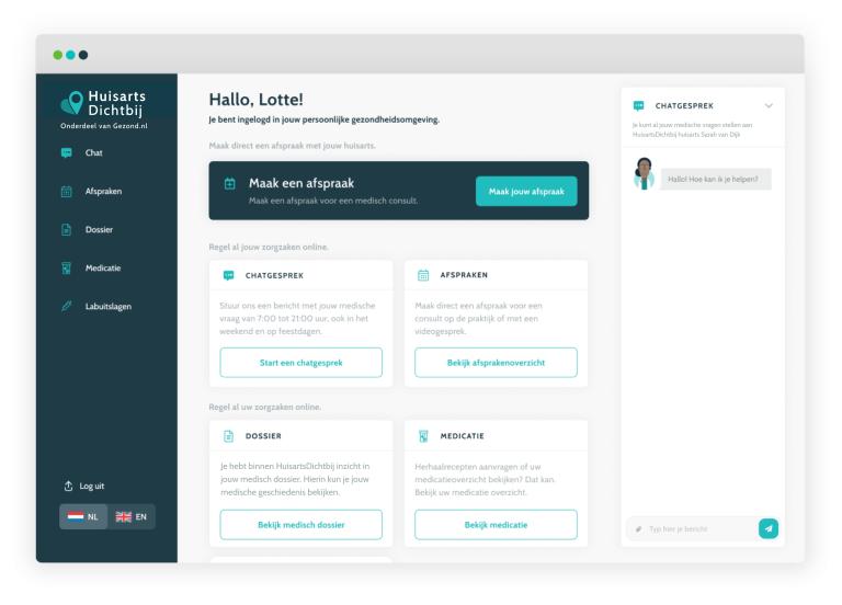 Startpagina van digitale patiëntenomgeving HuisartsDichtbij